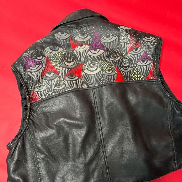 Vintage 90s Upcycled Black Leather Vest – Hand Painted All Seeing Eye Design - Picture 6 of 12